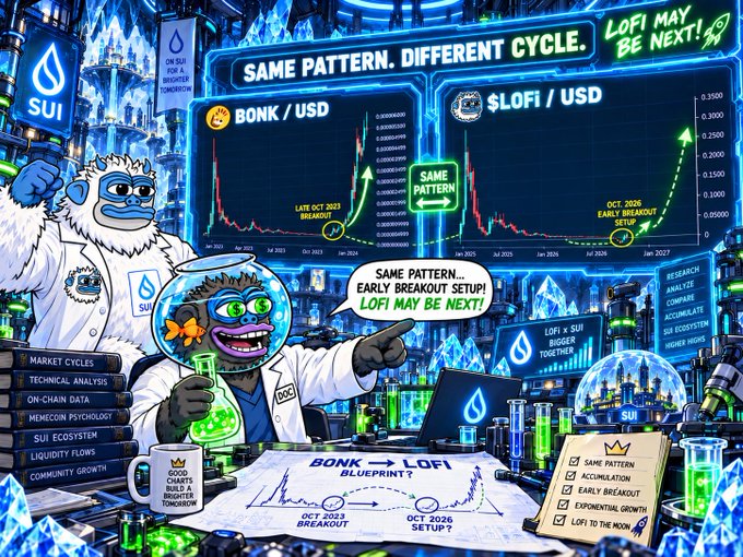 A colorful crypto analysis graphic comparing BONK and $LOFI against the SUI ecosystem, featuring cartoon monkey scientists and text like 'SAME PATTERN. DIFFERENT CYCLE.' and 'LOFI MAY BE NEXT!'.