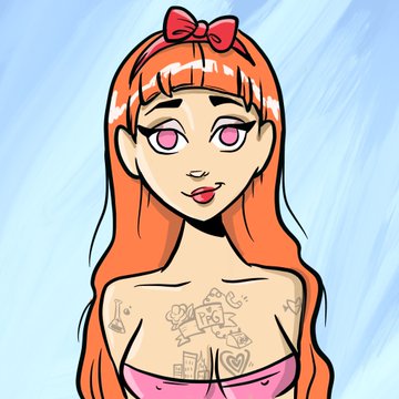 A cartoon illustration of a woman with long orange hair wearing a red bow, pink top, and featuring tattoos on her chest including a heart, with pink/purple eyes.