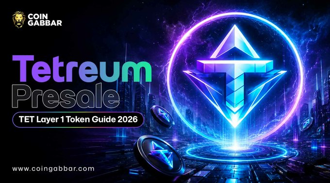A CoinGabbar promotional banner for "Tetreum Presale" - TET Layer 1 Token Guide 2026, featuring a glowing blue Ethereum-style diamond logo with neon effects on a dark background.
