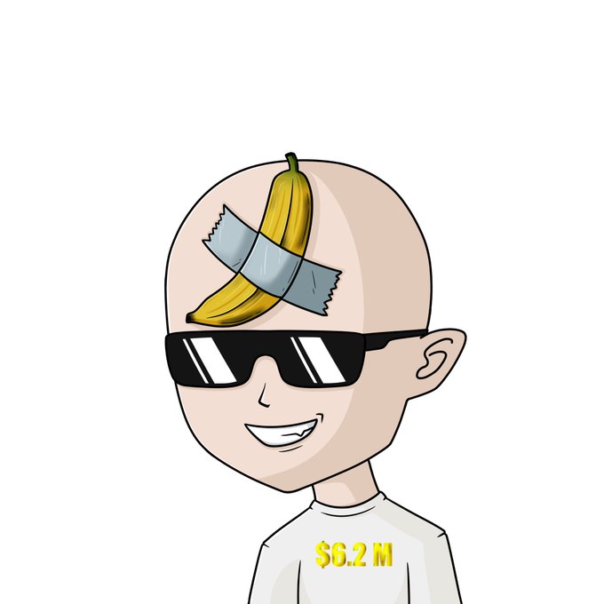 Cartoon drawing of a bald character wearing sunglasses, with a banana taped to their head and a shirt reading '$6.2 M'.