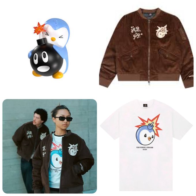 A promotional collage showcasing a brown bomber jacket and white t-shirt featuring a bomb character graphic, alongside a photo of two models wearing the apparel and a 3D render of the cartoon penguin mascot.