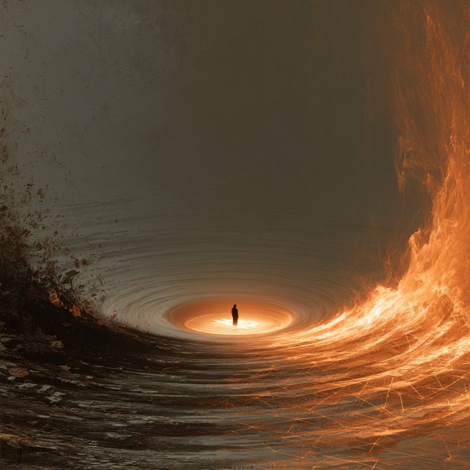 A lone figure stands at the glowing center of a vast swirling vortex of fire and smoke, appearing small yet steadfast against the immense cosmic force. The image mirrors the post's message of grounding oneself in the present, with the solitary silhouette symbolizing focus, resilience, and inner stillness amid life's overwhelming currents.