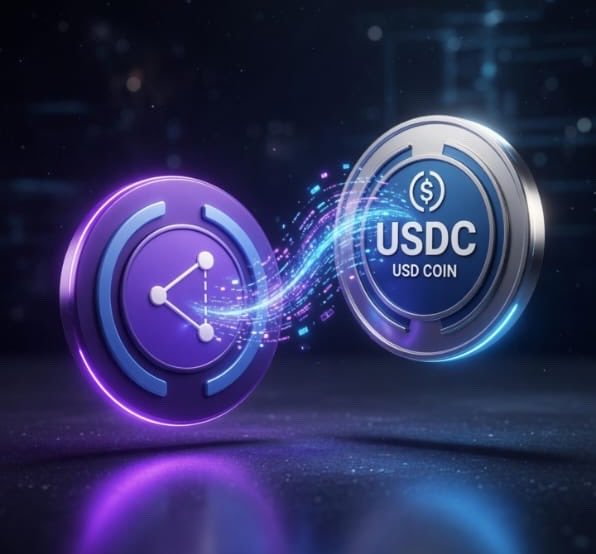 The image features a pair of coins floating in front of a dark background with purple and blue lights. One coin has the text "USDC" written on it, while the other coin has the text "USDC Coin". The coins are connected by a line, creating an illusion that they are floating together. The image also includes a caption below the coins that reads: "It Tuesday, another opportunity to keep shipping and building on @nan_arc We built it to change that. Now you can receive dollars, convert to naira instantly, and withdraw".