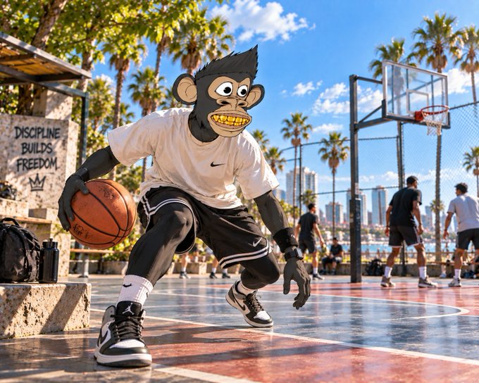 A digitally created image of a cartoonish monkey character wearing a white Nike shirt and black shorts, dribbling a basketball on an outdoor court with palm trees and a 'DISCIPLINE BUILDS FREEDOM' wall in the background.