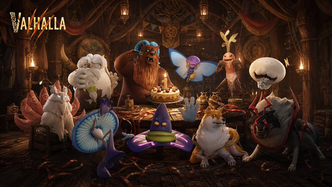 A fantasy artwork labeled 'VALHALLA' depicts various Pokémon, including Pikachu in a wizard hat and a large bear-like creature, gathered around a table with a birthday cake.
