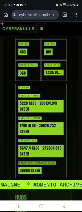 Screenshot of the cyberskills.app/nub dashboard showing CYBERSKULLS stats: 403 Minted, 109 Remixed, 368 Unmaterialized, 1,268/20 Pawns Used, with economy details including Fees in Mint (5220 ALGO / 288134.941 CYBER), Fees in Remix (1790 ALGO / 39926.732 CYBER), Treasury Net (5647.4 ALGO / 272064.879 CYBER), and Cyber Out: Unmaterialize (36800 CYBER), labeled MAINNET MOMENTO ARCHIVE.
