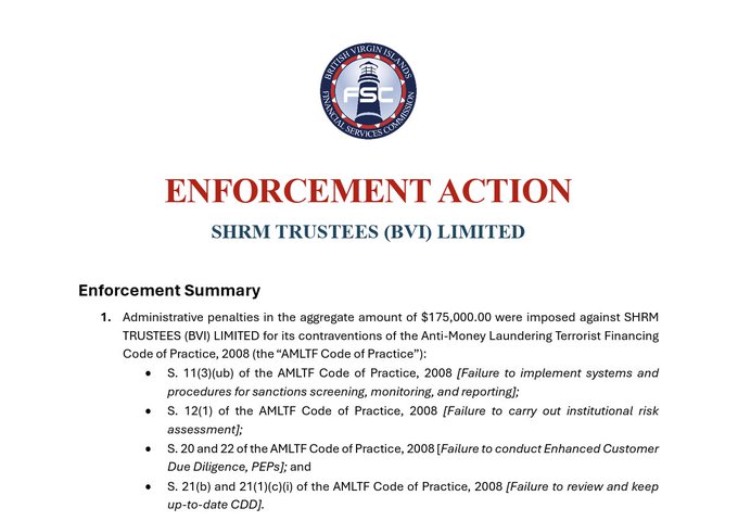 An enforcement action notice from the British Virgin Islands Financial Services Commission shows SHRM Trustees (BVI) Limited was fined $175,000 for AML/CFT Code violations, including failures in screening, institutional risk assessment, Enhanced Customer Due Diligence, and CDD recordkeeping—aligning with reports that the firm behind Hunter Biden's $LAPTOP token was penalized for anti-money laundering breaches.
