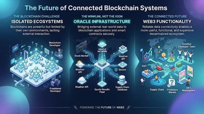 An infographic titled 'The Future of Connected Blockchain Systems' explaining three concepts: 'Isolated Ecosystems' (limited blockchain interaction), 'Oracle Infrastructure' (bridging real-world data to blockchains), and 'Web3 Functionality' (enabling decentralized ecosystems with DeFi, supply chain, prediction markets, and NFT marketplaces).