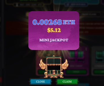 A purple pop-up window on a dark gaming interface displays '0.00268 ETH' and '$5.12' above the text 'MINI JACKPOT', with 'CLOSE' and 'CLAIM' buttons below.