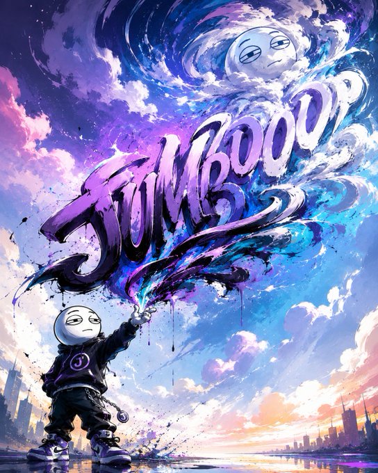 A vibrant graffiti-style digital artwork featuring a small cartoon character spraying purple paint that spells out 'JUMBOOP' in large stylized letters, set against a swirling cosmic sky with a moon face.