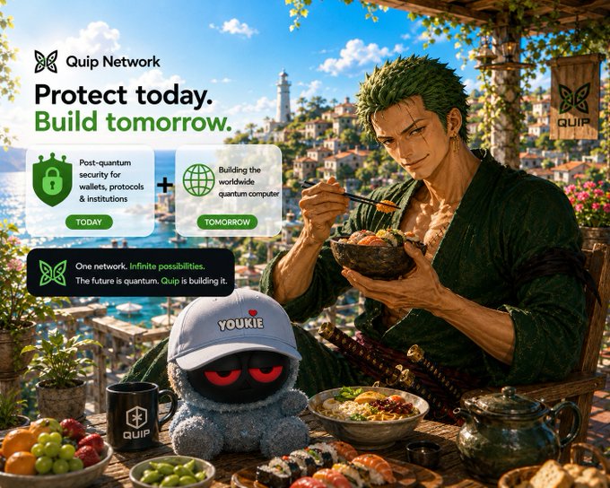 An advertisement for 'Quip Network' featuring the anime character Roronoa Zoro eating noodles, with text 'Protect today. Build tomorrow' promoting post-quantum security and building the worldwide quantum computer, alongside a plush mascot wearing a 'YOUKIE' hat.