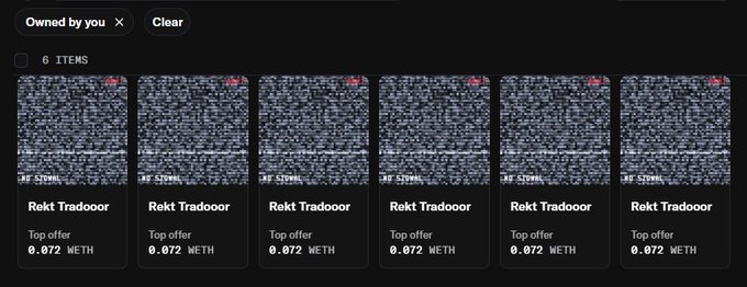 A digital marketplace displaying six items named 'Rekt Tradooor' all with top offers of 0.072 WETH, filtered by 'Owned by you'.