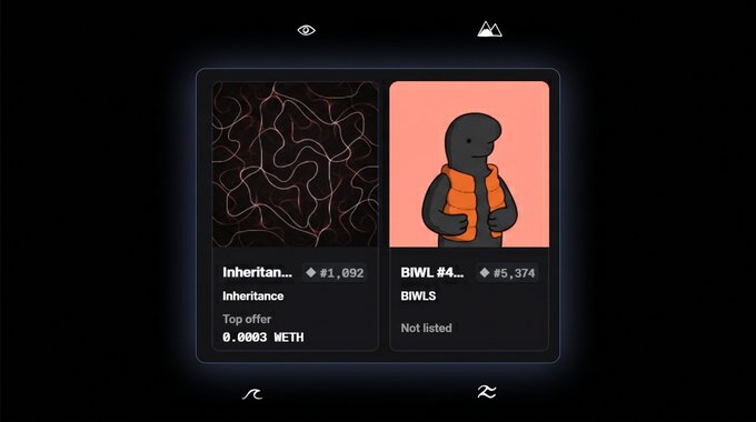 A digital marketplace interface displaying two NFT items: "Inheritance" (priced at 0.0003 ETH, rank #1,092) and "BIWL #4..." (BIWLS, rank #5,374, not listed).