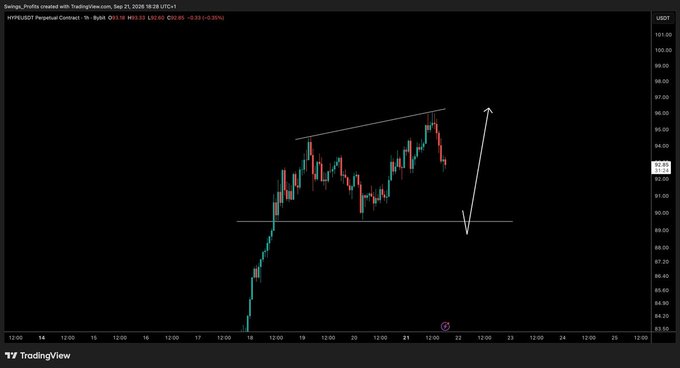 A candlestick chart of Hyperliquid Perpetual Contract ($HYPE) on TradingView shows a recent dip toward the $90 support level, with a hand-drawn arrow projecting a sharp rally back up toward the mid-$90s region, illustrating the bullish "buy the dip" scenario referenced in the post. The current price is marked at 92.03 USDT.