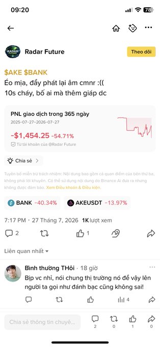 A mobile app screenshot showing a trading post by user 'Radar Future' for '$AKE $BANK' displaying a -54.71% PNL performance over 365 days, with comments discussing the losses.