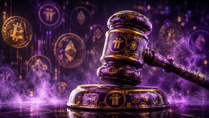 A gavel stamped with the Pi Network logo rests beside a sound block, surrounded by floating Bitcoin and Ethereum coins against a purple backdrop, symbolizing the regulatory uncertainty facing the crypto market. The Pi-branded imagery suggests the post's claim that Pi Network's development will continue regardless of the outcome of the CLARITY Act, which could otherwise disrupt traditional cryptocurrencies.