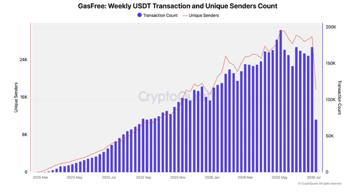 A bar and line chart titled 'GasFree: Weekly USDT Transaction and Unique Senders Count' showing growth in transaction count and unique senders from March 2025 to June 2026.