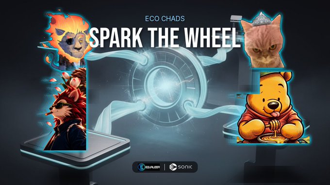 Promotional graphic for 'ECO CHADS' featuring the tagline 'SPARK THE WHEEL' with cartoon characters including a dog, lion, and bear, alongside logos for E-CoLa Coin and Sonic.
