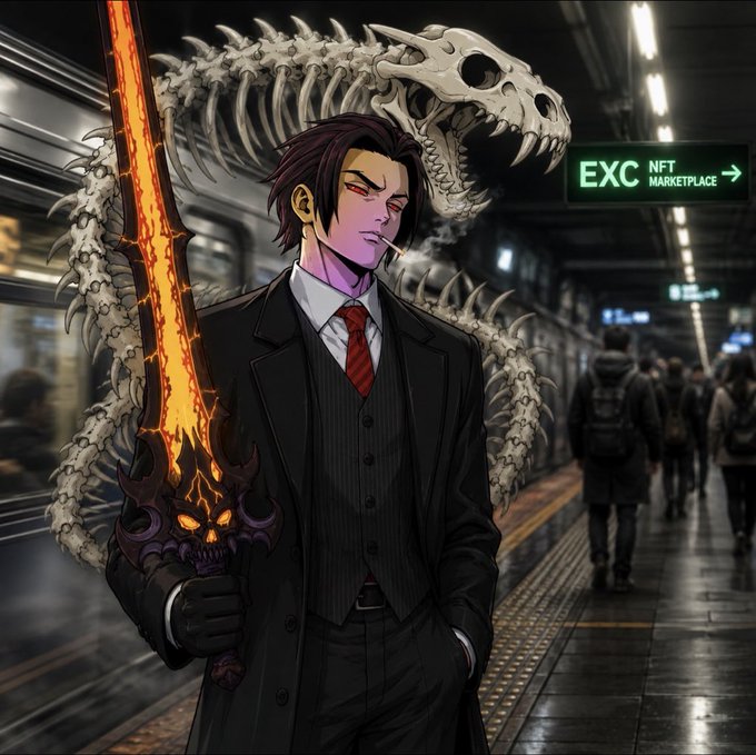 An anime-style illustration features a man in a black suit with a red tie smoking a cigarette and holding a flaming sword, standing in a subway station with a large skeletal dragon behind him. A green sign reads 'EXC NFT MARKETPLACE'.