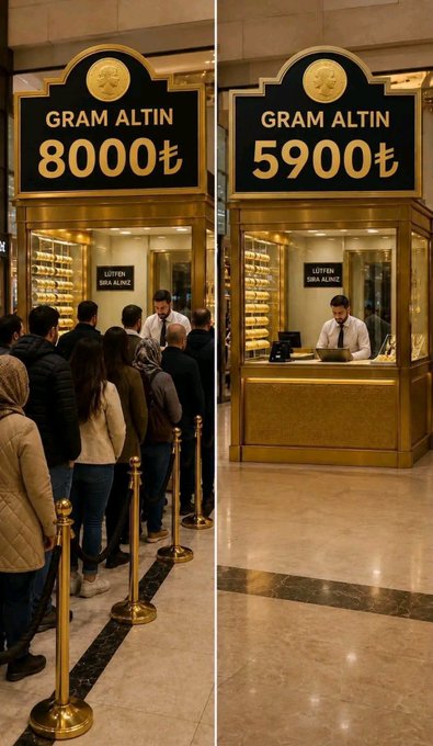 A split image of a 'GRAM ALTIN' (gold) shop showing prices dropping from 8000₺ to 5900₺, with a long queue of customers on the left and nearly empty on the right.