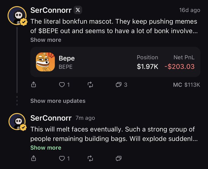 A user named SerConnorr is tracking $BEPE on a pump app, with a current position of $1.97K and a net PnL of -$203.03, showcasing the app's ability to allow users to opt out of following certain trades.