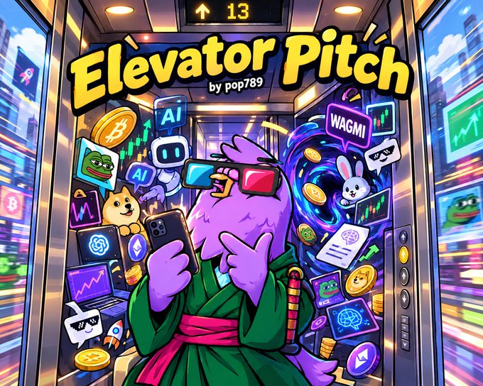 A colorful cartoon illustration titled 'Elevator Pitch by pop789' showing a purple character in a green robe wearing red VR glasses and holding a smartphone, surrounded by floating crypto/AI-related icons including Bitcoin, WAGMI, and various memes in an elevator going to floor 13.