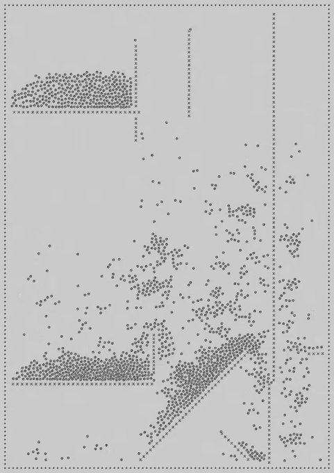 A dot-based rendering of a room interior showing furniture, shelves, and scattered particles creating a pointillist-style scene.