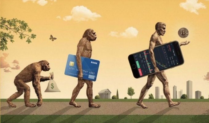 This image depicts the evolution of financial tools, from a bag of money to a bank card, and finally to a smartphone displaying a crypto chart and a Bitcoin. The post's theme "Evolution" is clearly represented by the progression of human development shown through these financial instruments.