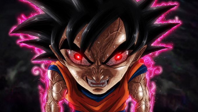 An intense illustration of Goku in a dark, enraged state with glowing red eyes and pink energy aura—mirroring the post's reflection on crypto's volatility and how a single traditional company can match the entire $2.2 trillion market cap in months.