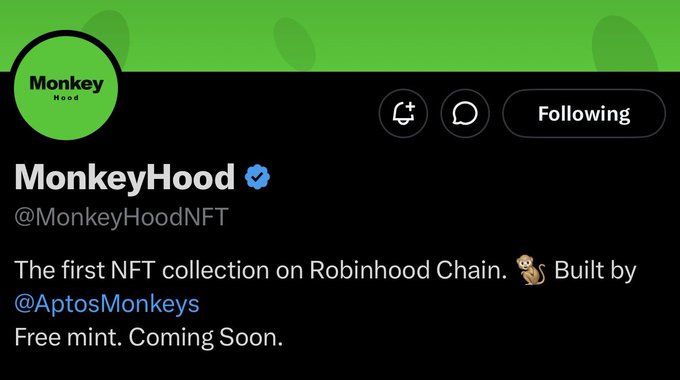 Twitter profile for MonkeyHood (@MonkeyHoodNFT) displayed on a green and black background, featuring a verified badge and description stating "The first NFT collection on Robinhood Chain. Built by @AptosMonkeys. Free mint. Coming Soon." This aligns with the post's announcement of a free-mint 10K NFT collection launching on Robinhood Chain.