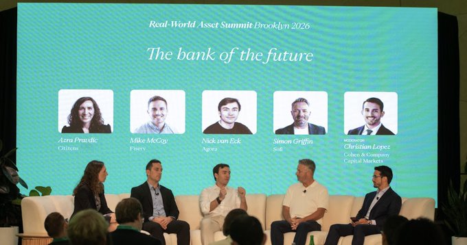 A panel discussion at the 'Real-World Asset Summit Brooklyn 2026' titled 'The bank of the future' featuring speakers including Ana Prawdi (Citrea), Mike McCoy (Dinari), Nick van Eck (Agora), Simon Griffin (Plume), and moderator Christian Lopez (Cohen & Company Capital Markets).