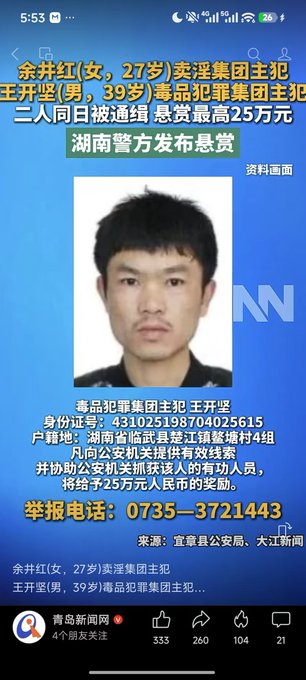 Chinese news report featuring a wanted poster for 王开坚 (Wang Kaijian), a 39-year-old drug crime gang leader, with a bounty of up to 250,000 yuan and tip line 0735-3721443.
