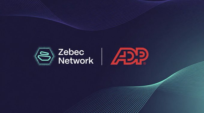The image displays a branded partnership graphic featuring the Zebec Network logo (with a hexagonal icon) alongside the red ADP logo against a dark blue background with flowing teal wave designs. The graphic visually represents the anticipated ADP x Zebec integration, reinforcing the post's message about the collaboration as a notable milestone for the payroll/HCM industry.