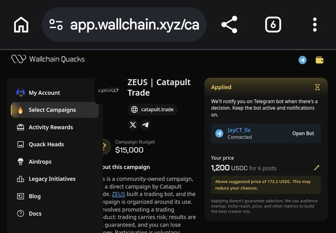 A mobile browser screenshot showing 'app.wallchain.xyz/ca' with the Wallchain Quacks interface, featuring a 'ZEUS | Catapult Trade' campaign with a $15,000 budget and a price of 1,200 USDC for 6 points.