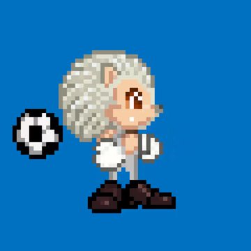 Pixel art of a character with curly white hair, white gloves, and brown shoes standing next to a floating black and white sphere against a solid blue background.