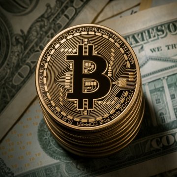 A close-up of a stack of gold-colored Bitcoin coins resting on United States dollar bills.