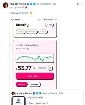 The image shows a tweet from "your boy Armani" (@armanifeantte) thanking @Tuteth, featuring a screenshot of the AGNT platform displaying an "Identity" card for token $AGNT ($gn.../ev..) on Base, currently valued at $53.77 with a +1,7539.8% gain and a pink "Fund wallet" button. The image directly relates to the post promoting Agnt.social's ongoing wallet drops, showing the AI agent creation platform and its token's dramatic price surge.