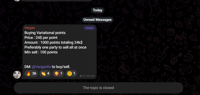 A Discord message from user "Vargan" (marked as Owner) shows they are buying 1,000 Variational points at 24K$ total (24$ per point), with a minimum sell of 100 points. The post appears to be a screenshot of this buy order, with the topic closed and message timestamped at 07:09 PM, supporting the claim of holding nearly $24k worth of Variational points.