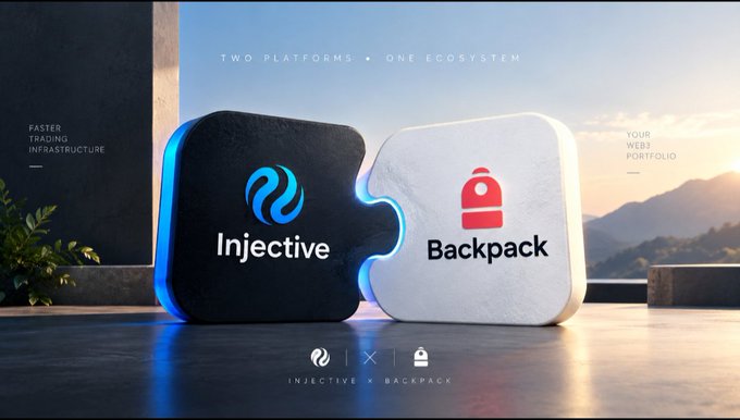 Promotional graphic showing two puzzle pieces labeled 'Injective' (with a blue swirl logo) and 'Backpack' (with a red backpack logo), captioned 'TWO PLATFORMS • ONE ECOSYSTEM' and 'INJECTIVE X BACKPACK'.