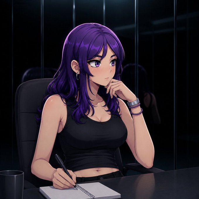 Anime-style illustration of a woman with long purple hair wearing a black tank top, sitting at a desk with a notepad and pen in hand, looking thoughtfully to the side.