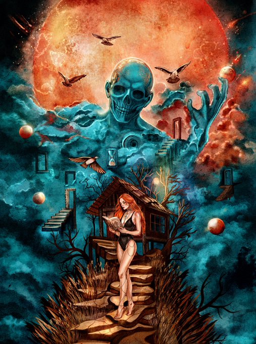 Surreal digital painting depicting a red-haired woman reading a book in front of a haunted house while a giant blue skull looms above her against a dramatic red moon backdrop, with birds flying and mysterious floating spheres scattered throughout the scene.