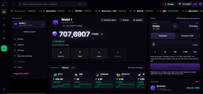 A screenshot of a cryptocurrency wallet interface showing 'Wallet 1' with a balance of 707,6907 tTARI, with market listings visible for tokens including $TLX, $BB, $TMOON, and $POOTLE.