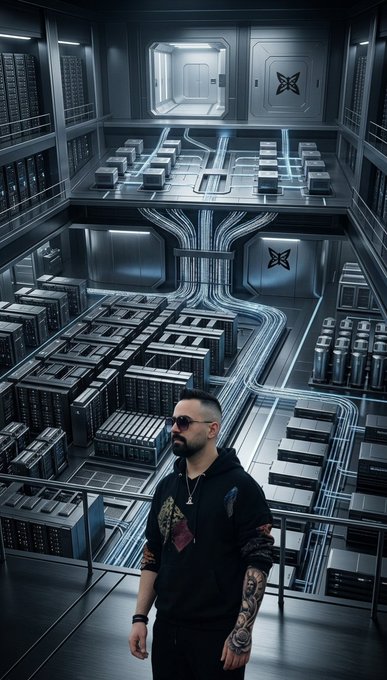 A man with a beard, sunglasses, and tattoos wearing a black hoodie stands in a futuristic industrial facility with extensive cable infrastructure and a 'DYDX' logo visible.
