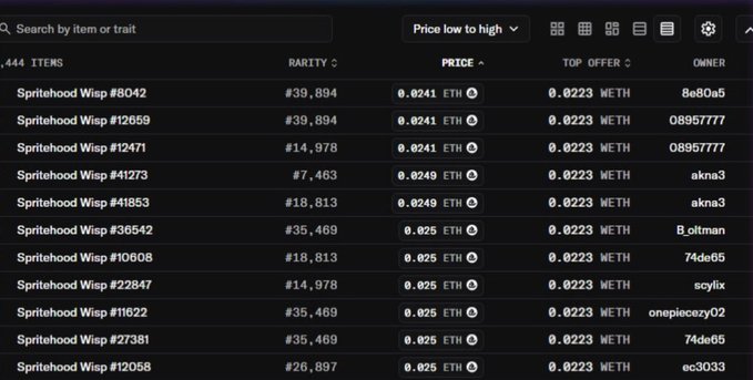 A dark-themed NFT marketplace listing showing 444 items of "Spritehood Wisp" sorted by price low to high, with prices in WETH and various rarity ranks visible.