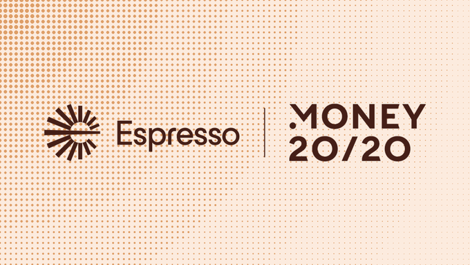 The image features a logo for Espresso and a post about money. The Espresso logo is located at the top left corner of the image with the text "Espresso" written below it, while the post about money is situated towards the bottom right corner of the image. Both elements are in brown color, which creates a cohesive visual theme across both the logo and the post.