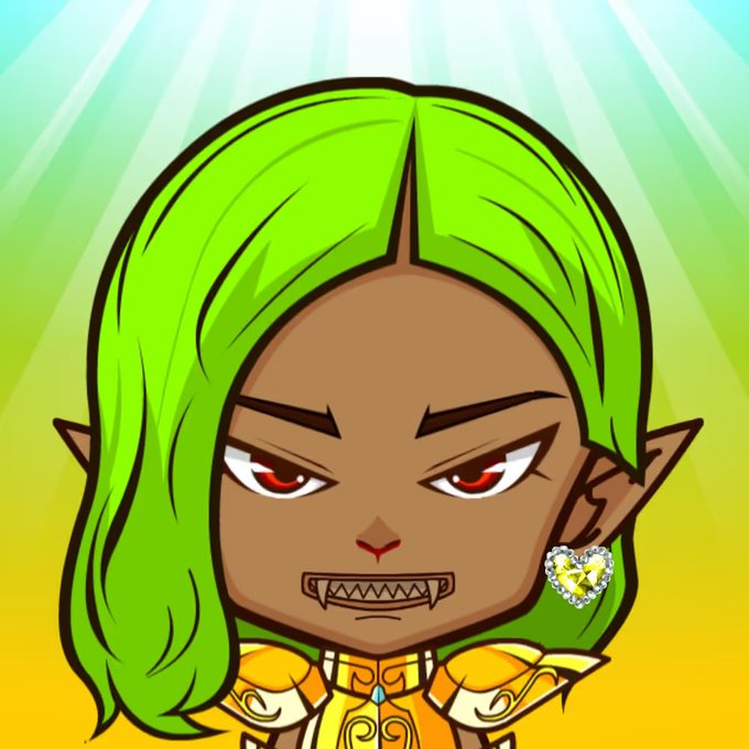 A digital cartoon chibi character with dark skin, pointed ears, red eyes, fangs, and bright green hair wears a yellow outfit and a heart-shaped earring.