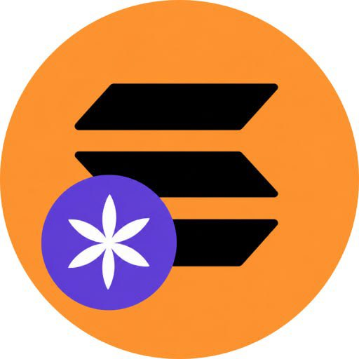 The Solana logo featuring black layered shapes with a purple circle and white flower/star design on an orange background.