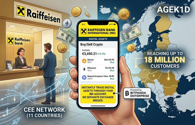 A promotional graphic for Raiffeisen Bank International (RBI) digital assets service via Bitpanda Enterprise, highlighting CEE network coverage across 11 countries and reaching up to 18 million customers, with a smartphone showing crypto buy/sell options for Bitcoin, Ethereum, and BEP20 tokens.