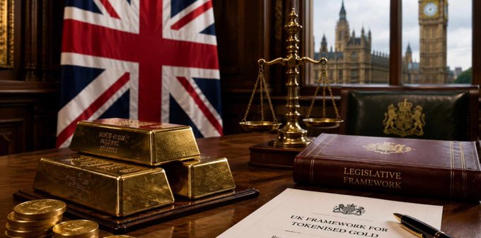 A desk display featuring stacked gold bars, a brass scale of justice, and a book titled 'LEGISLATIVE FRAMEWORK' sits before a Union Jack flag with the Palace of Westminster visible through a window. A document on the desk references the 'UK FRAMEWORK FOR TOKENISED GOLD'.