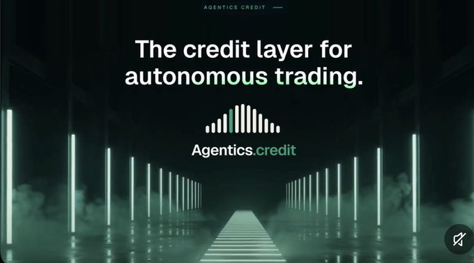 An advertisement for 'Agentics.credit' displays the tagline 'The credit layer for autonomous trading' against a dark, futuristic corridor with glowing green lights.